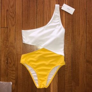 Yellow and white one piece swim suit